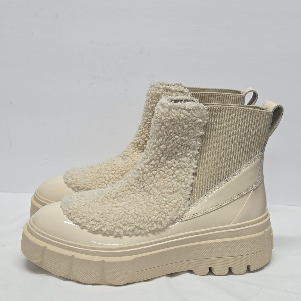 SOREL Caribou X Boot Chelsea Cozy Boots Cream Patent Leather Shearling Women 9.5